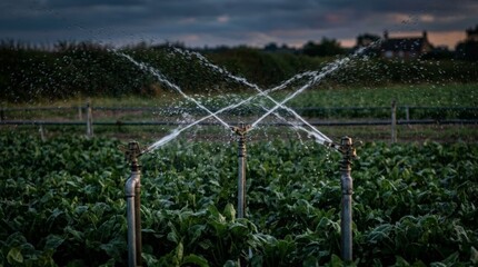 Obraz premium Three industrial sprinklers watering vegetable crops in field at dusk.