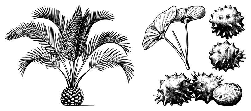 Detailed etching of a sago palm showing intricate fronds and a bulbous base. This botanical study features prickly seed capsules and cycad foliage in a classic fine ink style.