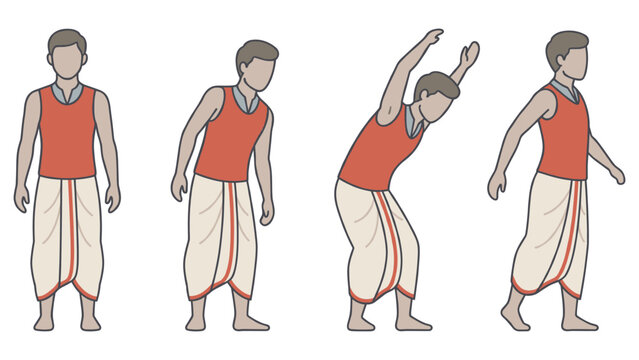 Man in traditional indian dhoti different poses cartoon style flat design vector set.