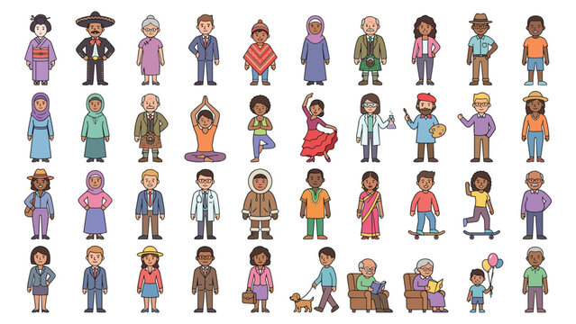 Colorful diverse characters pack featuring different professions and cultural backgrounds.