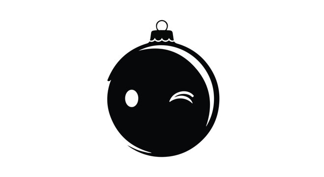 Black and white illustration of a winking Christmas ornament, featuring a playful expression and traditional bauble shape.
