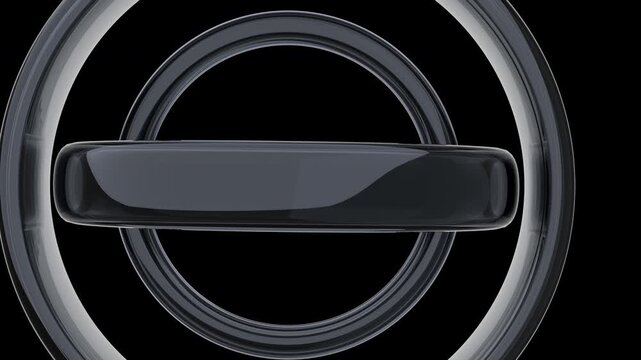 Minimalist 3D black matte ceramic rings fly through loop. Abstract dark geometric gyroscope tunnel background alpha channel 4K.