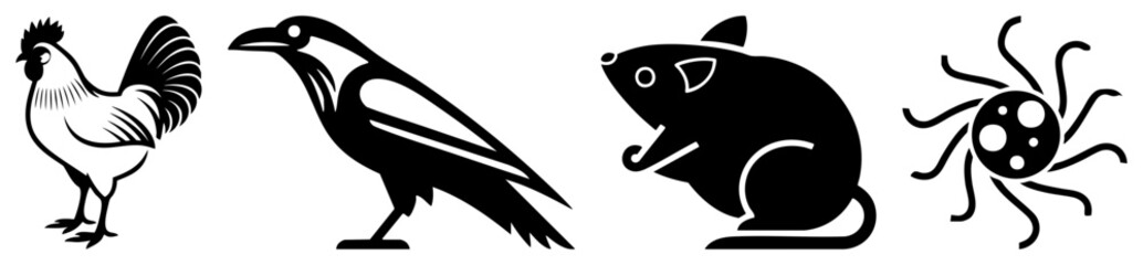 Obraz premium Minimalist black shapes featuring a proud rooster, clever crow, small mouse, and bright sun. These stylized silhouettes of a cockerel and raven work perfectly for simple graphic projects.