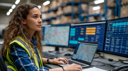 Fototapeta premium Logistics Control Center: A focused woman in a high-visibility vest works diligently in a bustling logistics control center.