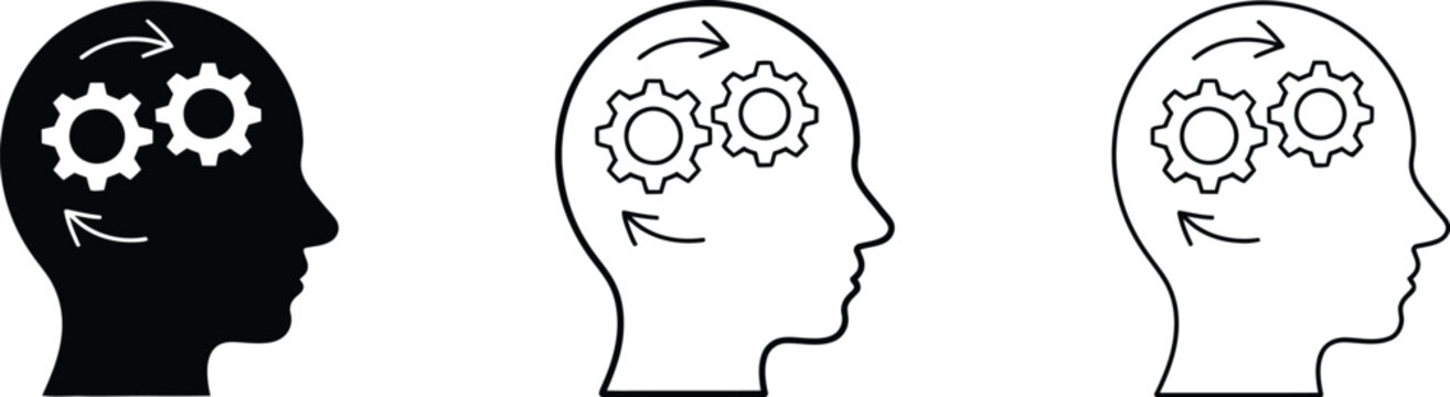 Critical Thinking and Brain Process Cogwheel Icon Set for Problem Solving, Analysis, and Innovation.