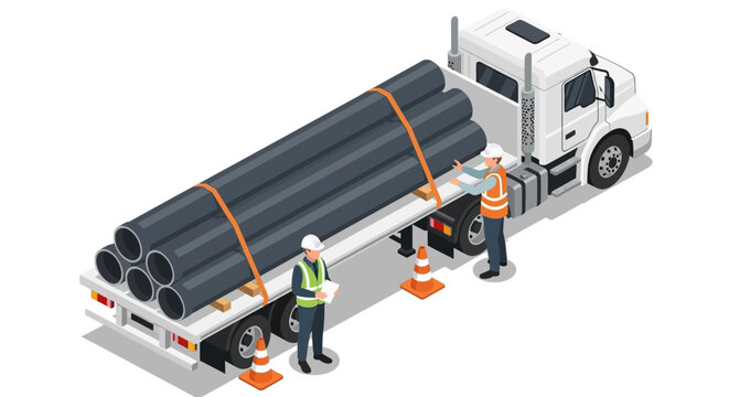 Isometric heavy semi truck transporting industrial pipes, logistics workers loading cargo on flatbed trailer, construction site delivery vector