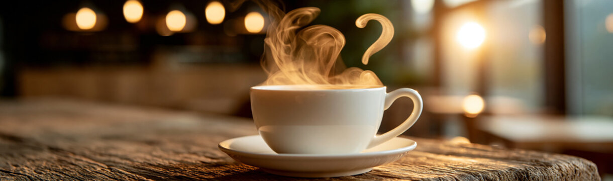 Steaming Cup of Coffee: A white ceramic cup filled with steaming hot coffee sits on a rustic wooden surface, illuminated by the warm.