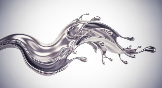 Flowing wave of liquid silver metal on white background.