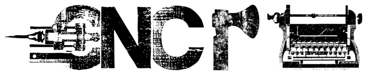 Obraz premium This edgy piece features heavy stencil lettering, an old school writing machine, and a hatchet tool. The gritty texture blends a manual typewriter with bold, worn out glyphs.