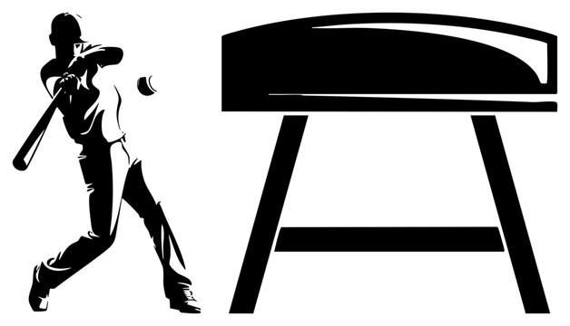 Powerful baseball player in mid swing, often called a slugger or ballplayer, prepares to hit near the home plate. This stencil graphic captures the intense motion of a diamond hitter.