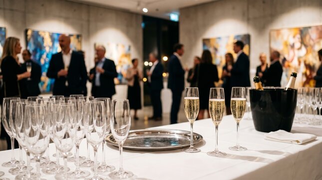 Champagne flutes in art gallery arranged on white table before sophisticated reception