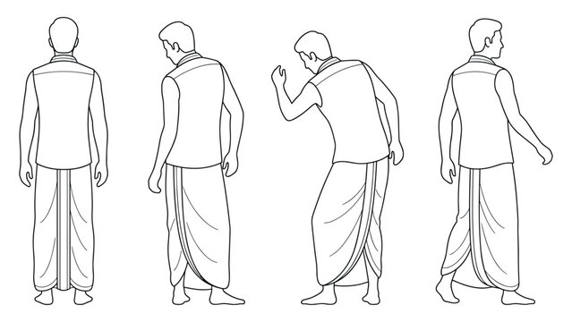 Indian men in dhoti and kurta, vector illustration of various poses.