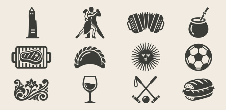 Buenos Aires culture icon set featuring tango dancers and traditional food flat vector elements