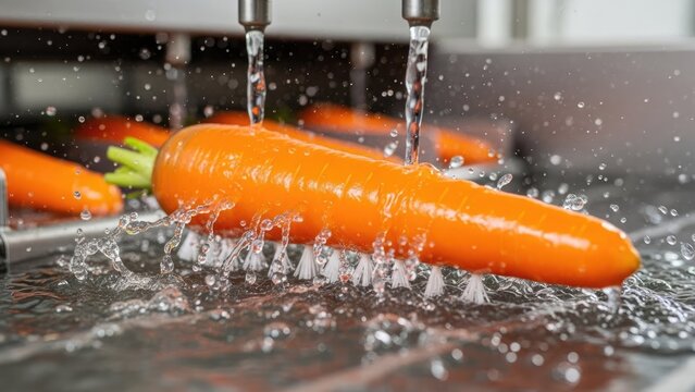 Fresh carrots being washed with splashing water.