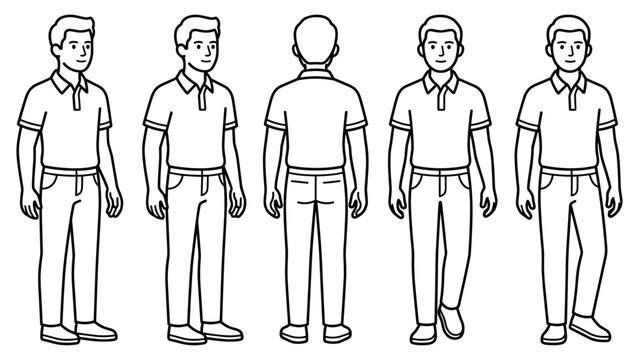 Man standing in polo shirt and jeans in various poses, front, back, and walking views.