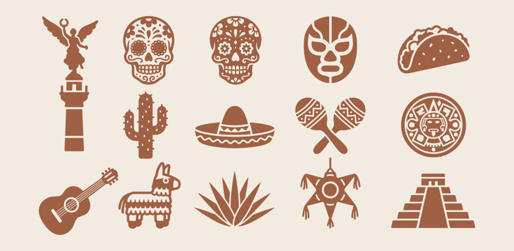 Mexican cultural heritage icon set featuring traditional folk symbols and landmark illustrations