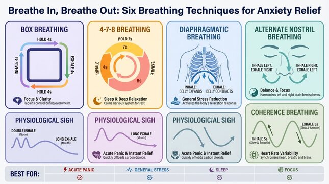 Six breathing techniques for anxiety management tips and relief comparison chart