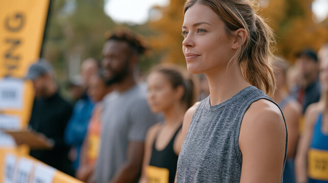 Athletic men and women in coordinated workout gear gathered at the starting line of a community fitness challenge, a coach holding a clipboard beside numbered bibs and a timing