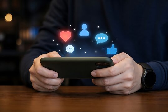 Hands holding a smartphone display social media engagement icons like hearts and speech bubbles floating above.