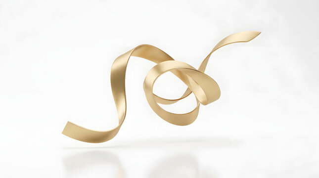 Golden ribbon swirls elegantly on white background with soft reflection.