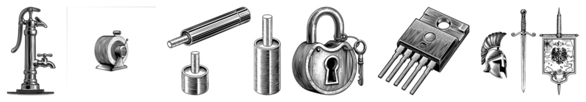 Etched illustrations including a classic water pump, heavy padlock, electronic transistor, technical hardware, old school spigot, and a warrior helmet.