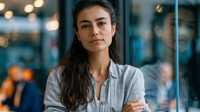 Junior employee standing outside a glass-walled conference room before entering reflection showing uncertainty while polished peers visible inside imposter syndrome workplace self-doubt professional