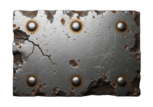 Rusty metal plate with bolts and holes.