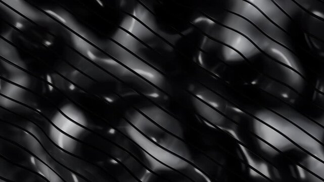 Abstract 3D black liquid chrome waves seamless loop. Elegant dark obsidian metallic fluid moving background 4K 24fps.