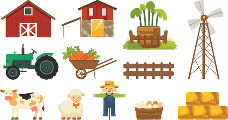 Farm agriculture elements icons set with barn tractor cow sheep windmill scarecrow wheelbarrow harvest countryside infrastructure © MdNipon