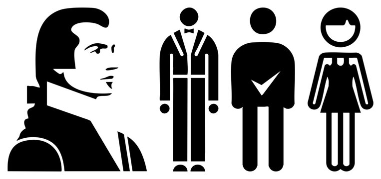 Bold stencil portrait of a classic rockstar, pompadour hunk, or greaser, alongside simple human silhouettes and gender symbols. This set features a man, a checked figure, and a lady.