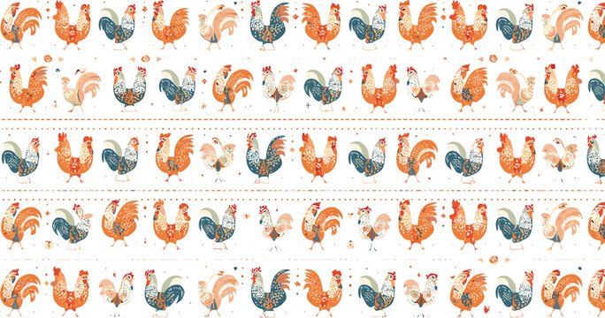 Folk art seamless pattern vector background with decorative stylized roosters chickens hens rustic country textile elements