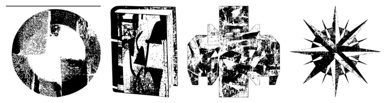 Collection of distressed textures featuring a textured orb, a blocky monolith, a jagged, and a sharp starburst. These punk style motifs act as heavy ink stamps or stencil graphics.
