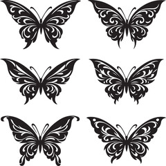 Fototapeta premium Decorative butterfly silhouette set, ornamental filigree tribal style butterfly vector illustrations on white background