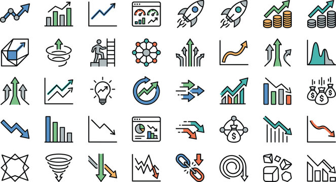 Business growth financial market trends icons set with chart graph progress rocket arrow analysis success data elements