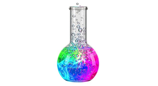 Colorful liquid in a glass flask with bubbles rising isolated on white background