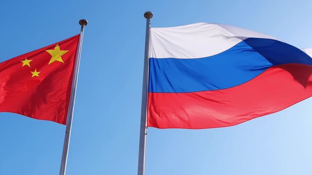 state flags of china and russia proudly wave against a clear blue sky. video demonstrates a symbol of strong eurasian partnership, diplomacy and friendly relations.