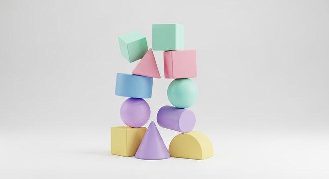 Colorful stacked toy blocks in various shapes on a plain background