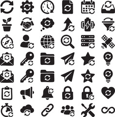Fototapeta premium Synchronization and update icon set featuring refresh symbols integrated with diverse business and technology elements for software maintenance data processing and system backup management.