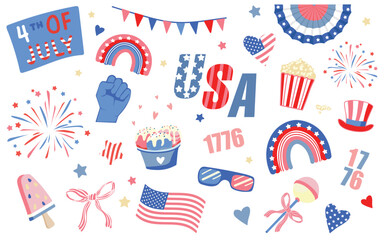 Obraz premium 4th of July patriotic clipart set with american flag, rainbows and fireworks isolated on white