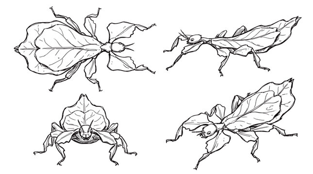 A detailed, hand-drawn illustration showcasing a leaf insect from multiple perspectives, highlighting its remarkable camouflage and intricate anatomical features.