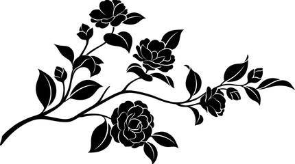 Fototapeta premium Black silhouette of a flowering branch with camellia flowers and leaves