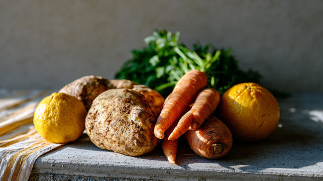 Culinary distributor photographing misshapen ugly produce items arranged on a concrete surface for an online marketplace listing, the symbolic still life of knobby potatoes,