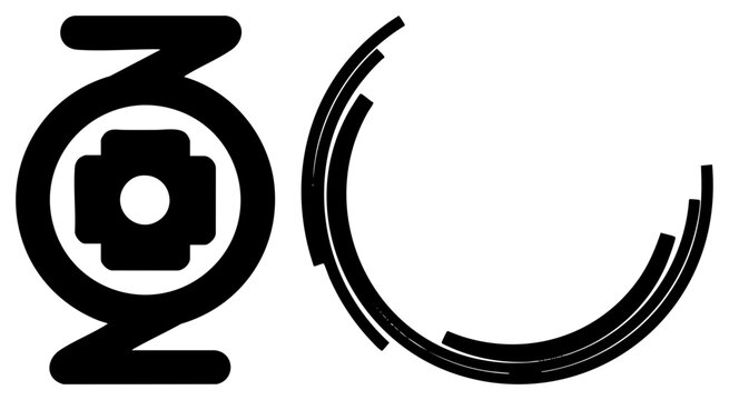 This bold black glyph features a central shaped core within an interlocking circular emblem. A separate broken ring or motif sits beside the main sigil, creating a modern graphic.