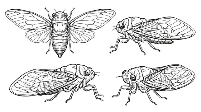 Four detailed black and white illustrations of a cicada insect from different angles, showcasing its wings, body, and legs.