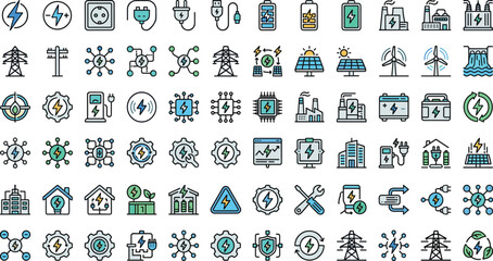 Sustainable energy power grid icons set with green technology electricity infrastructure solar panel wind turbine network elements © MdNipon