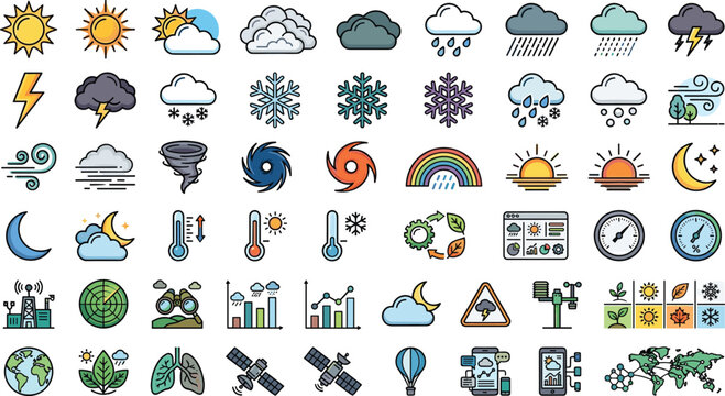 Weather forecast climate change icons set with meteorology temperature sun cloud rain storm hurricane seasonal map elements