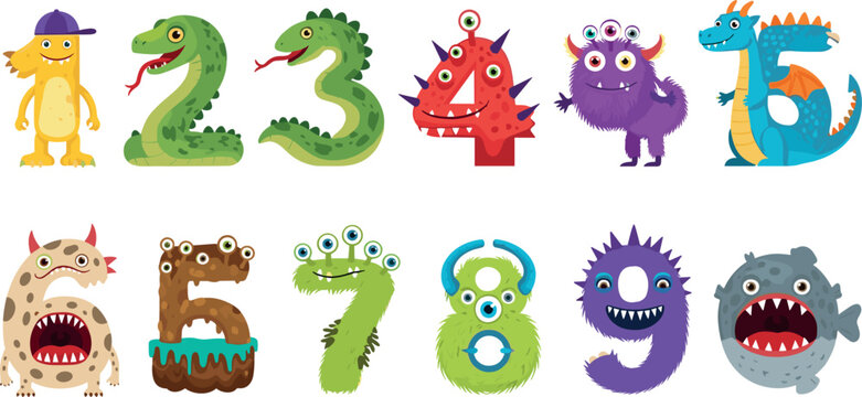 Cute Cartoon Monster Numbers Set from One to Nine with Funny Alien and Creature Characters for Kids Math Education and Birthday Party Graphic DesignsCute Cartoon Monster Numbers Set from One to Nine w