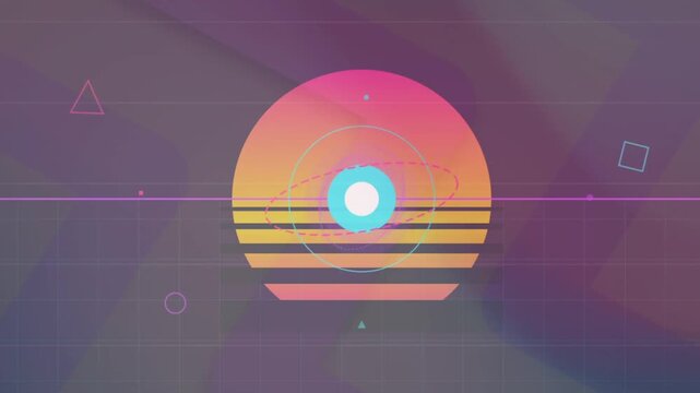 Abstract Retro Synthwave Motion Graphic With Orbiting Geometric Shapes