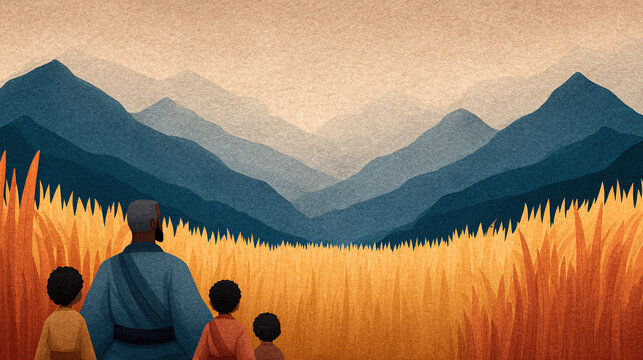 An elder farmer shares ancient wisdom about seed saving with a group of eager children, surrounded by fields of golden wheat, in a peaceful rural village