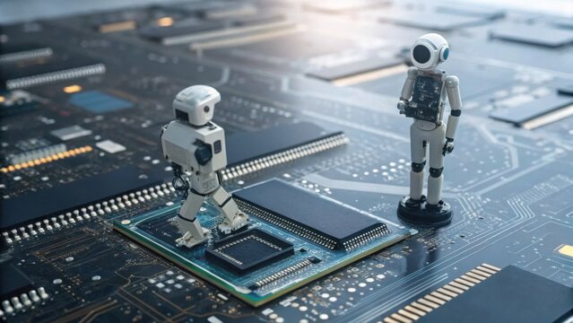 Two miniature robots stand on a large microchip and circuit board, symbolizing AI and robotics technology.